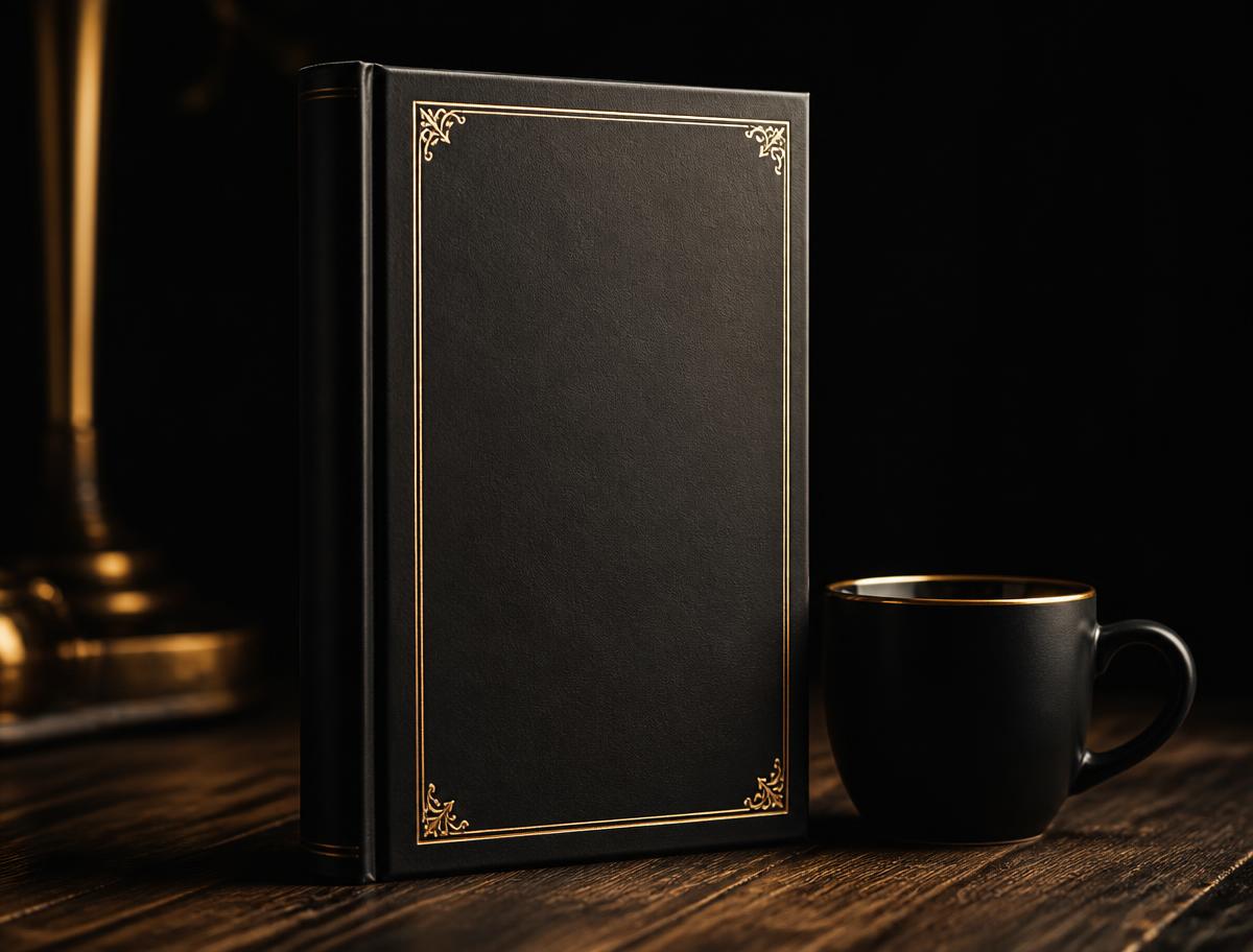 الكتاب على مكتب خشبي بجانب فنجان قهوة